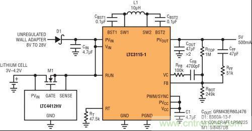 圖7：LTC3115-1與LTC4412HV相結(jié)合，以獲得由單節(jié)鋰離子電池和未穩(wěn)壓交流適配器提供的雙輸入5V電源