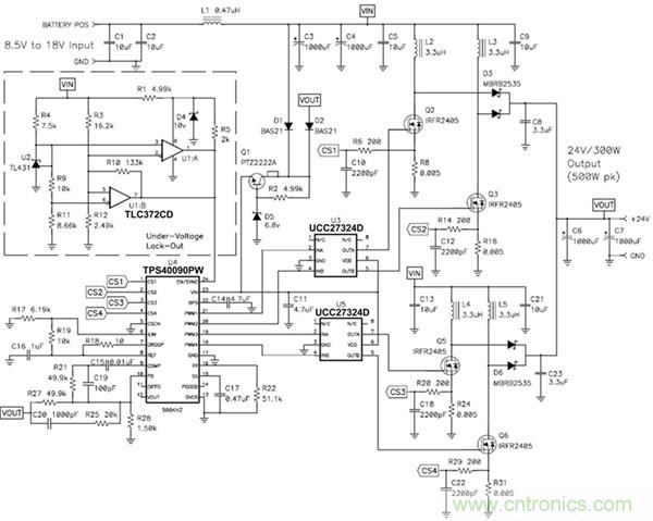 TPS40090 多相降壓控制器的 4 相、300W 升壓電源