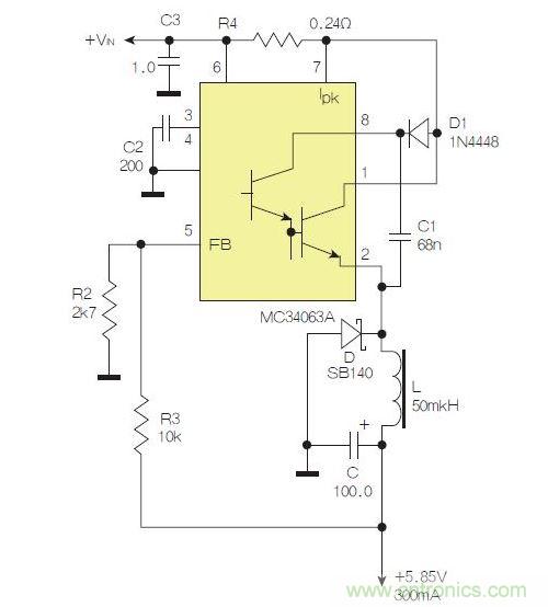 采用降壓配置中廣為使用的MC33063/MC34063的一個(gè)示例。