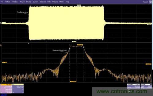 面的時域圖顯示了脈沖調制的射頻載波，下方的頻域圖顯示了在997MHz和1002MHz之間均勻分布的載頻